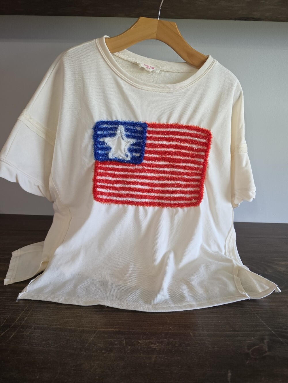 Peach Love Small Oversized Cream Short-Sleeve Tee Sparkly Flag Applique